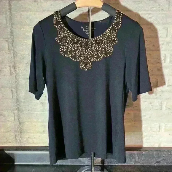 Chico’s womens embellished Beaded Mesh crew neck blouse short sleeve black sz 0 - Picture 1 of 8